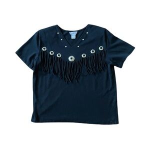 Vintage Black Single-Stitch Western Fringe T-Shirt - Size M